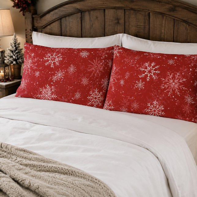 Ruby Red Festive Christmas White Snowflakes  Pillowcase (Creator Uploaded)