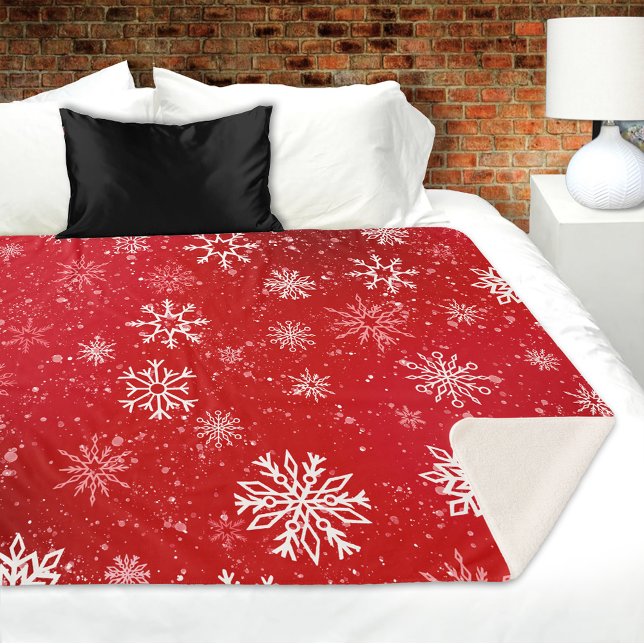 Ruby Red Festive Christmas White Snowflakes  Sherpa Blanket (Creator Uploaded)