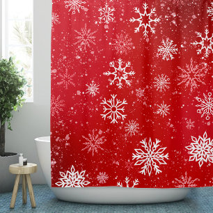 Ruby Red Festive Christmas White Snowflakes Shower Curtain