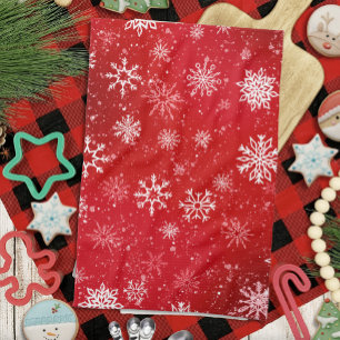 Ruby Red Festive Christmas White Snowflakes Tea Towel