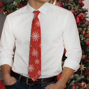 Ruby Red Festive Christmas White Snowflakes Tie
