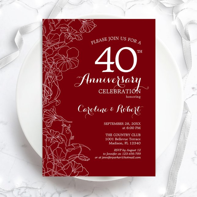 Ruby Red Floral 40th Anniversary Invitation (Creator Uploaded)