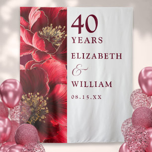 Ruby Red Floral 40th Anniversary Photo Backdrop Tapestry