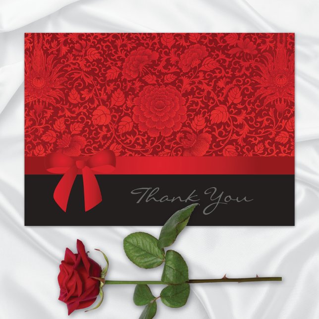 Ruby Red Floral Brocade Wedding Thank You Card (Creator Uploaded)
