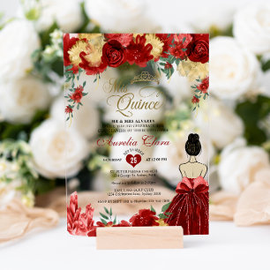Ruby Red Floral Princess Mis Quince Quinceañera Acrylic Invitations