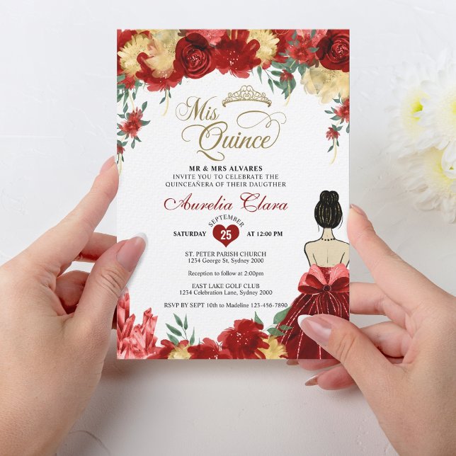 Ruby Red Floral Princess Mis Quince Quinceañera Invitation (Creator Uploaded)