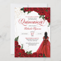 Ruby Red Floral Rose & Gold Elegant Quinceañera In