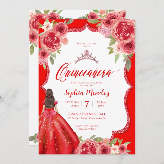 Ruby Red Floral Watercolor Quinceanera Invitation (Front/Back)