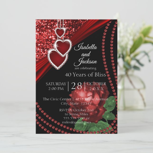 Ruby Red Glitter and Rose Invitation (Standing Front)