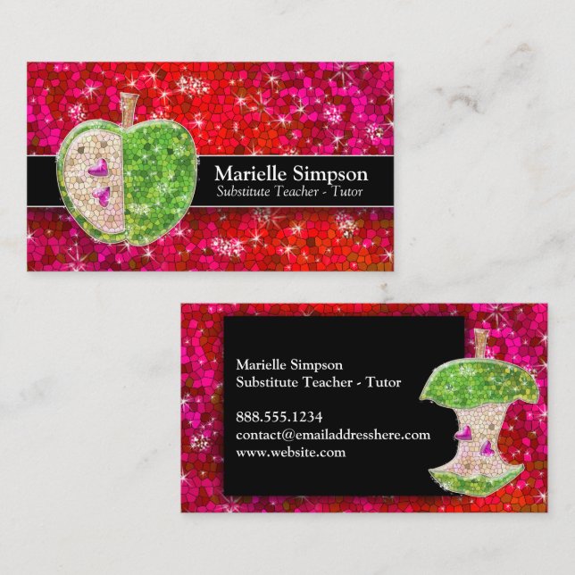 Ruby Red Glitter Apple Substitute Teacher Tutor Business Card (Front/Back)