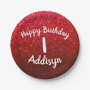 Ruby Red Glitter Metallic Ombre Birthday Sparkles Paper Plate