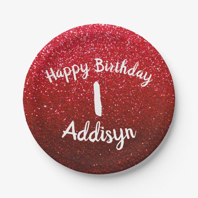 Ruby Red Glitter Metallic Ombre Birthday Sparkles Paper Plate (Front)