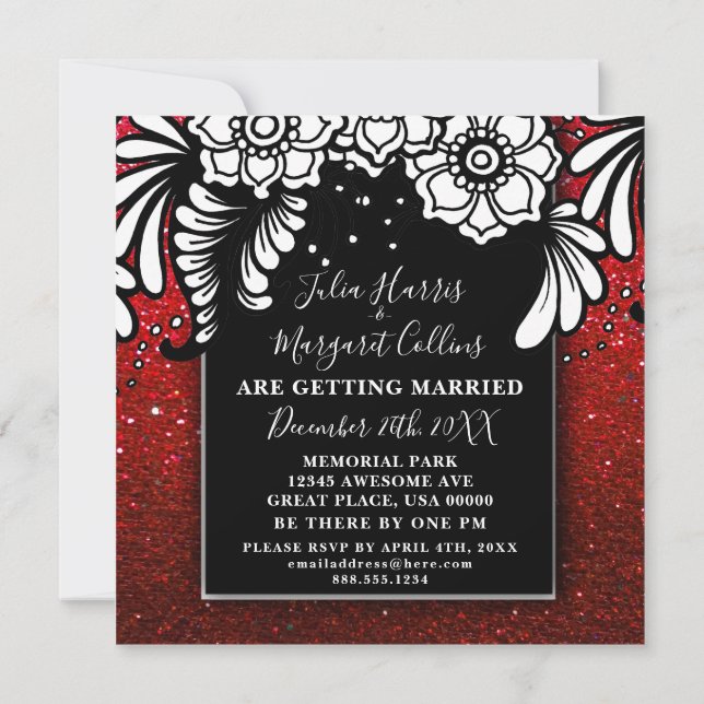 Ruby Red Glitter Ombre Sparkles Elegant Floral Invitation (Back)