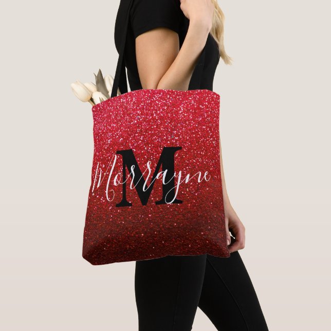 Ruby Red Glitter Ombre Sparkles Metallic Monogram Tote Bag (Close Up)