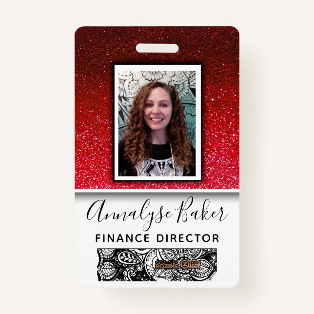 Ruby Red Glitter Professional CNA Nurse Photo Name ID Badge (Front)