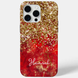 Ruby Red Glittery Gold Glam Personalised iPhone 15 Pro Max Case