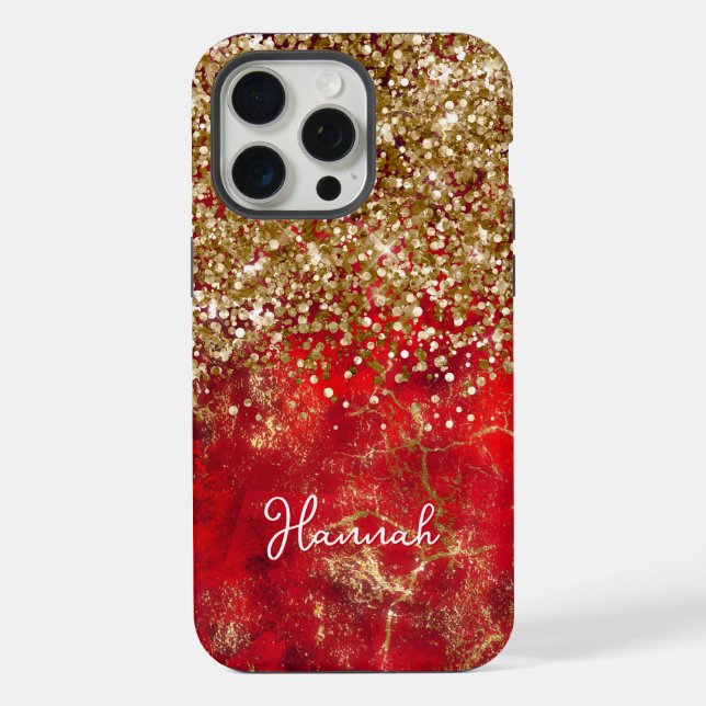 Ruby Red Glittery Gold Glam Personalised iPhone Case (Back)