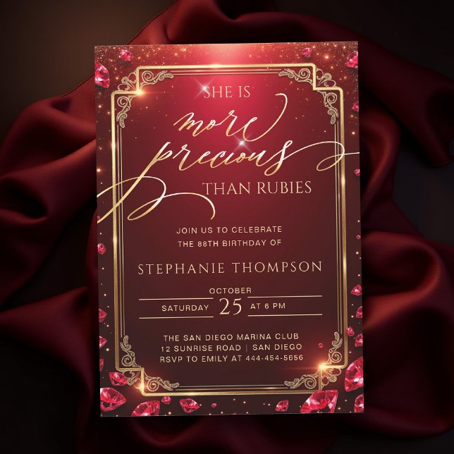 Ruby Red Gold Deco Frame Elegant Mum 80th Birthday Invitation (elegant birthday invitation for mom ruby red gold more precious than rubies bible quote classy frame)