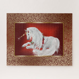 Ruby Red Gold Fantasy Holiday Unicorn Jigsaw Puzzle
