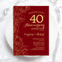 Ruby Red Gold Floral 40th Anniversary