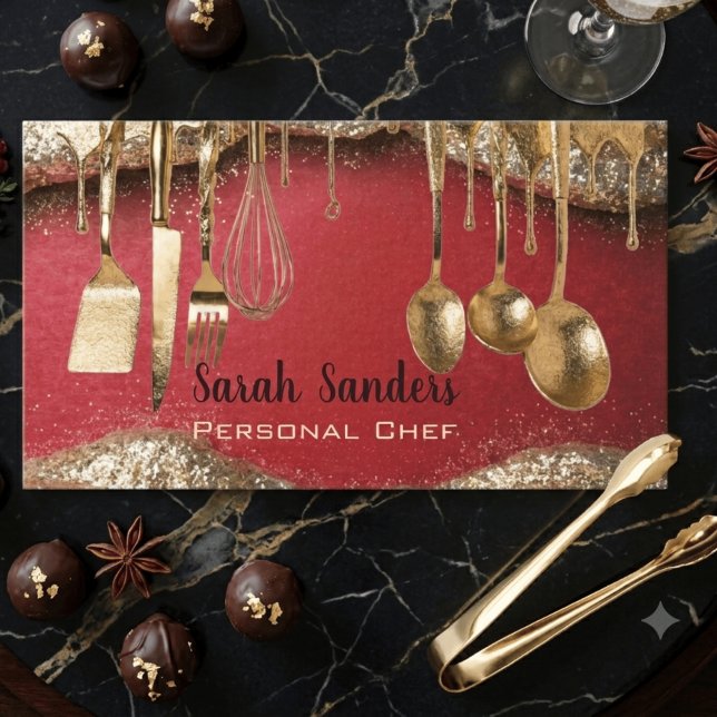 Ruby Red & Gold Glitter Drip Personal Chef  Business Card (Creator Uploaded)