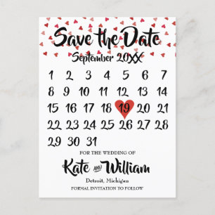 Ruby Red Love Heart Calendar Save the Date Announcement Postcard