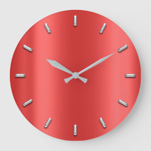 Ruby Red Metallic Minimalism Silver Grey Grey Silk Large Clock