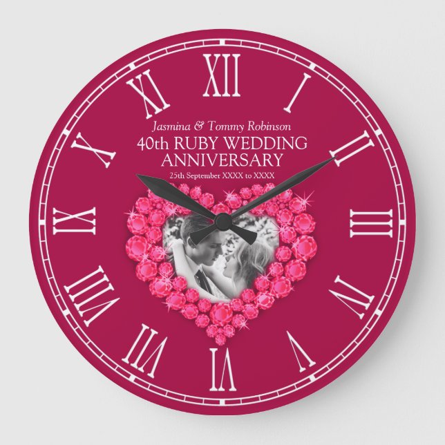 Ruby red photo heart 40th wedding anniversary large clock (Front)