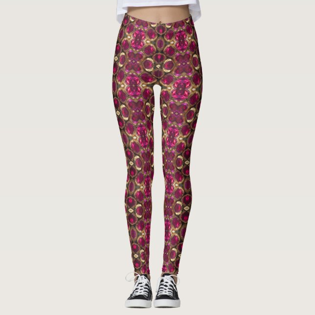 Ruby Red Pink Gold Gemstone Pattern Elegant Chic Leggings (Front)