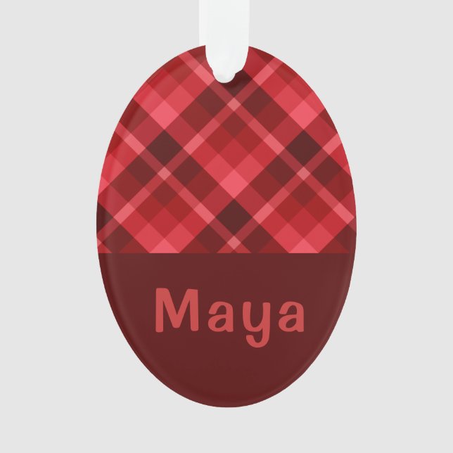 Ruby Red Plaid Monogram Oval Acrylic Ornament (Front)