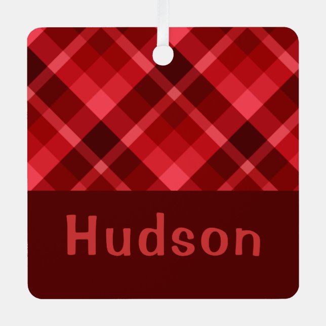 Ruby Red Plaid Monogram Square Metal Ornament  (Front)