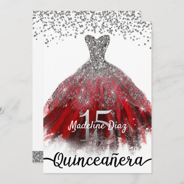 Ruby Red Quinceañera Dress Birthday Invitation (Front/Back)