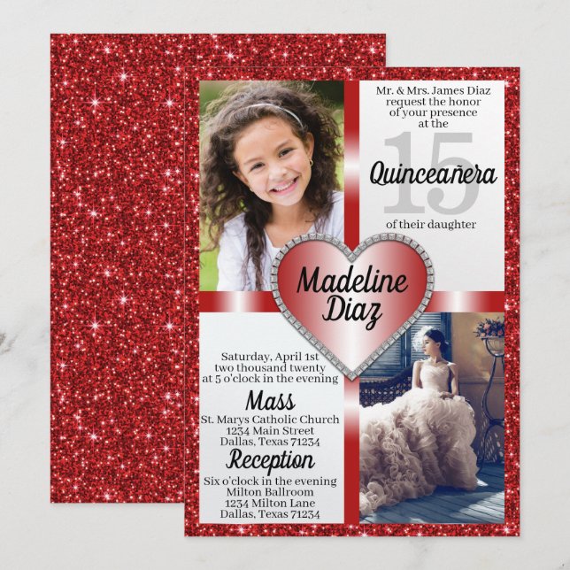 Ruby Red Quinceañera Invitation 15 Cumpleaños (Front/Back)
