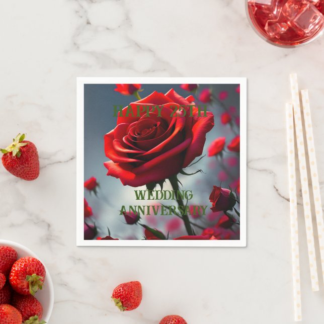 Ruby Red Rose 25th Wedding Anniversary,  Napkin (Insitu)