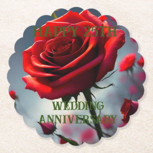 Ruby Red Rose 25th Wedding Anniversary, Paper Coaster