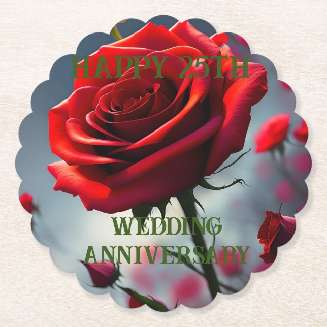 Ruby Red Rose 25th Wedding Anniversary,  Paper Coaster (Front)