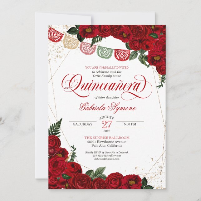 Ruby Red Rose & Gold Papel Picado Quinceañera Invitation (Front)