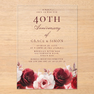 Ruby Red Roses 40th Wedding Anniversary Acrylic Invitations
