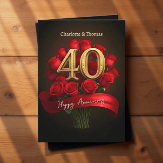 Ruby Red Roses Golden 40th Wedding Anniversary Card