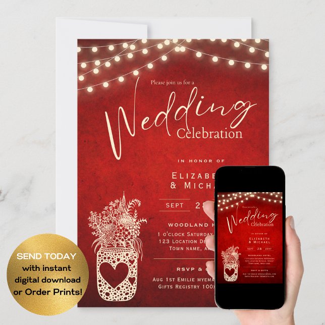 Ruby Red Rustic Mason Jar Wedding DIGITAL Print Invitation (Creator Uploaded)