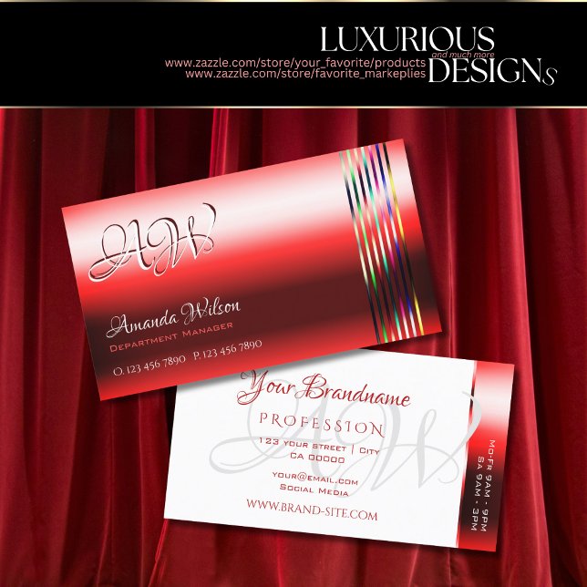 Ruby Red Shimmer Effects Monogram Opening Hours Business Card (Creator Uploaded)