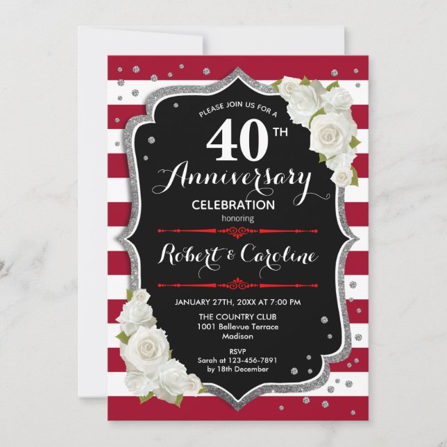 Ruby Red Silver Black 40th Anniversary Invitation (Front)