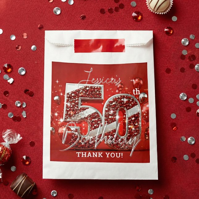 Ruby Red Silver Glitter Balloons 50th Birthday Favour Bag (Creator Uploaded)