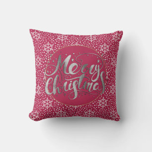 Ruby Red Silver Merry Christmas White Snowflakes Cushion