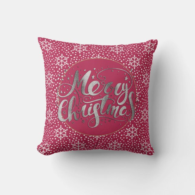 Ruby Red Silver Merry Christmas White Snowflakes Cushion (Front)