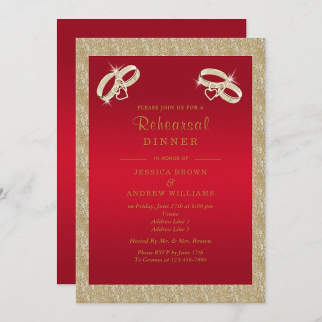 Ruby Red, Sparkly Gold Rings Rehearsal Dinner Invitation (Front/Back)
