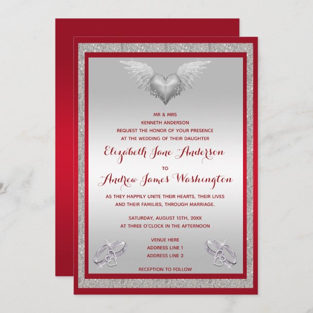 Ruby Red, Sparkly Rings & Feather Heart Wedding Invitation (Front/Back)