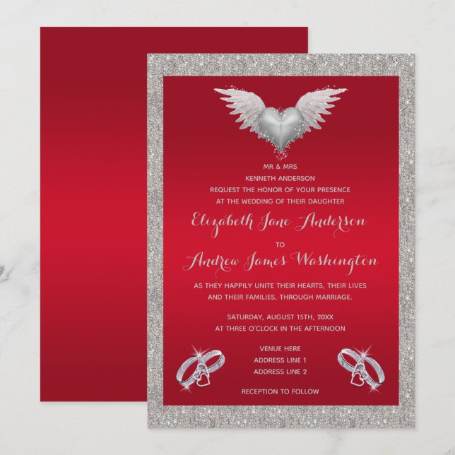 Ruby Red, Sparkly Rings & Feather Heart Wedding Invitation (Front/Back)