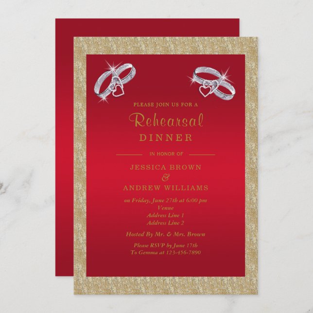 Ruby Red, Sparkly Silver Rings Rehearsal Dinner Invitation (Front/Back)