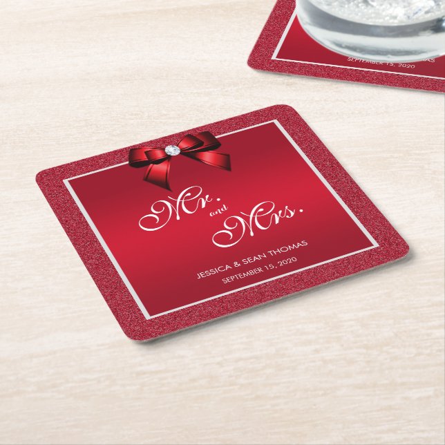 Ruby Red & Stylish Gem Wedding Square Paper Coaster (Angled)